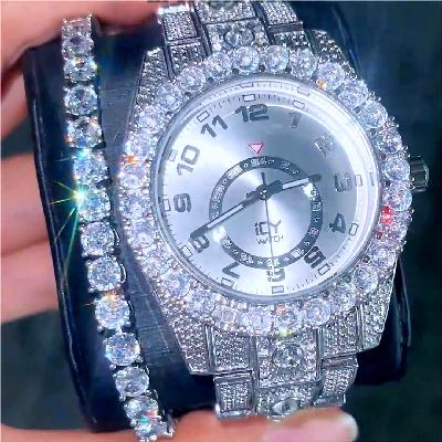Iced Arabic Numerals Watch & 5mm Tennis Bracelet Set in White Gold