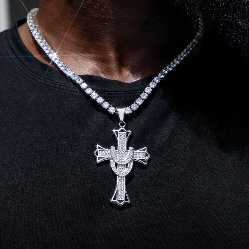 Round Cut Cross Pendant & 5mm Tennis Chain Set in White Gold