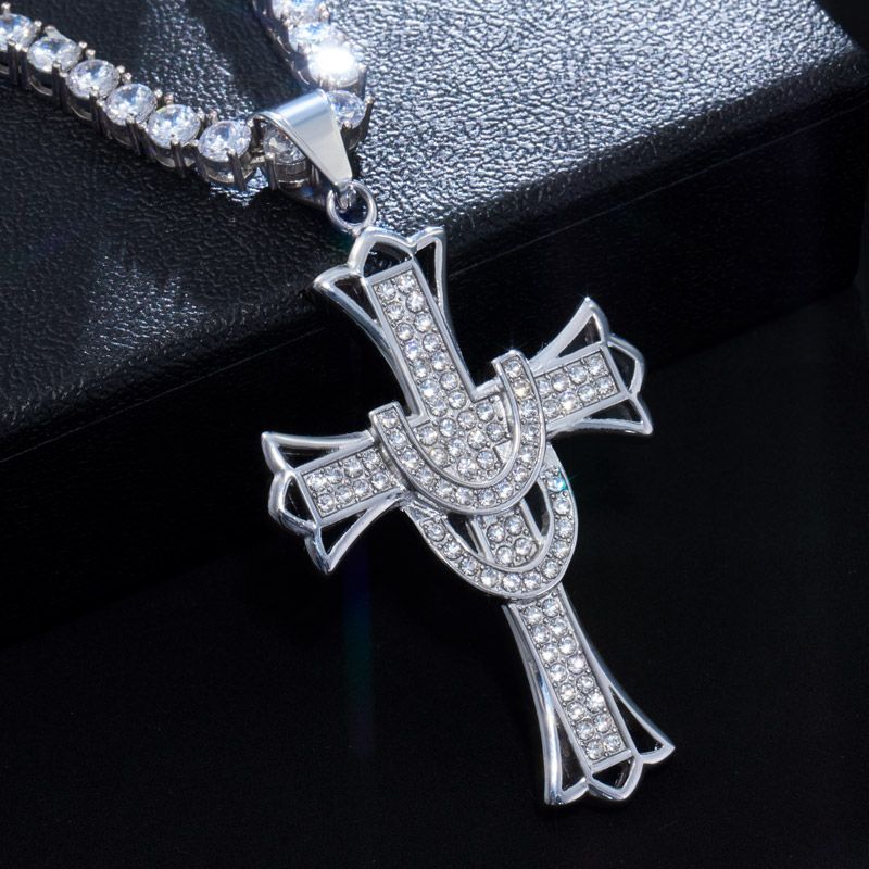 Round Cut Cross Pendant & 5mm Tennis Chain Set in White Gold