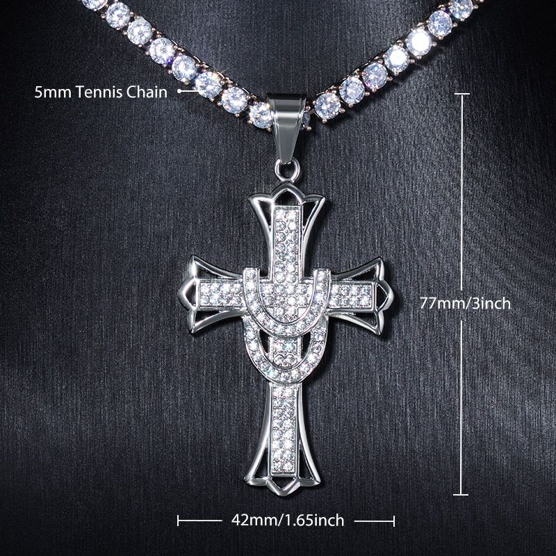 Round Cut Cross Pendant & 5mm Tennis Chain Set in White Gold