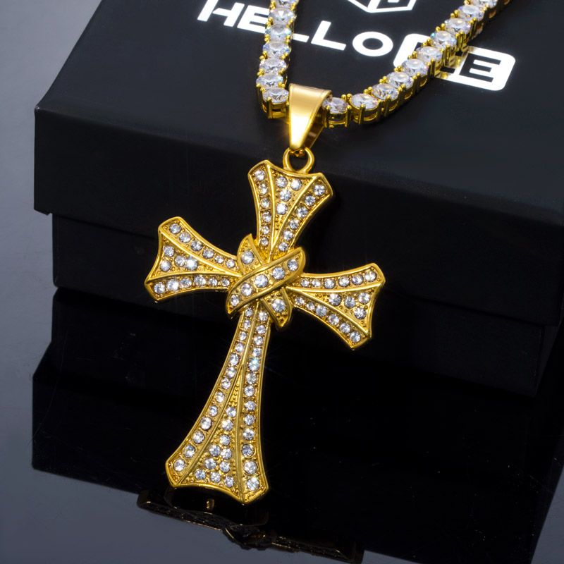 Double Cross Pendant with 5mm Tennis Chain Set in Gold