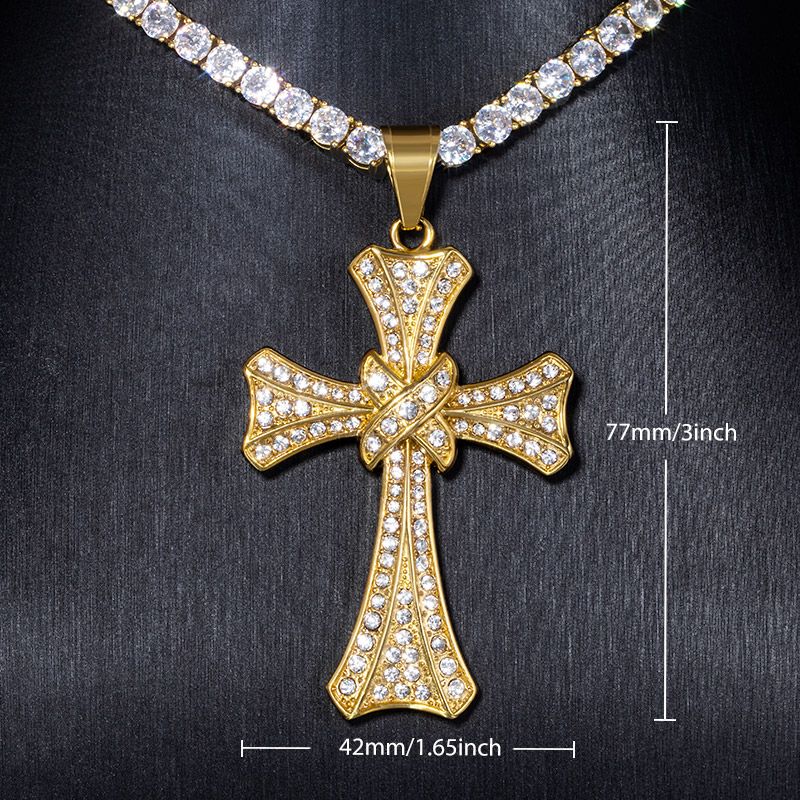 Double Cross Pendant with 5mm Tennis Chain Set in Gold