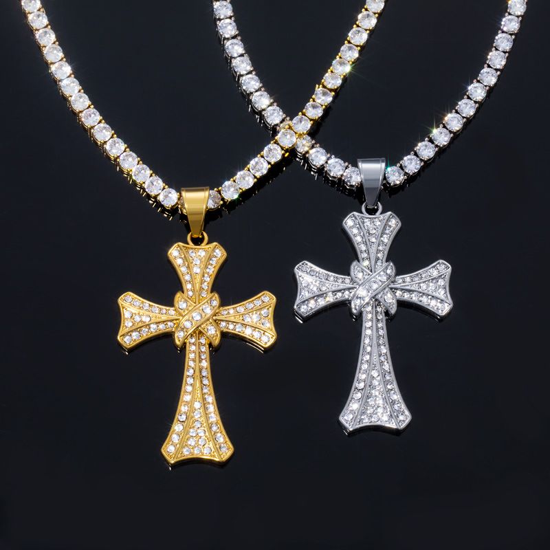 Double Cross Pendant with 5mm Tennis Chain Set in Gold