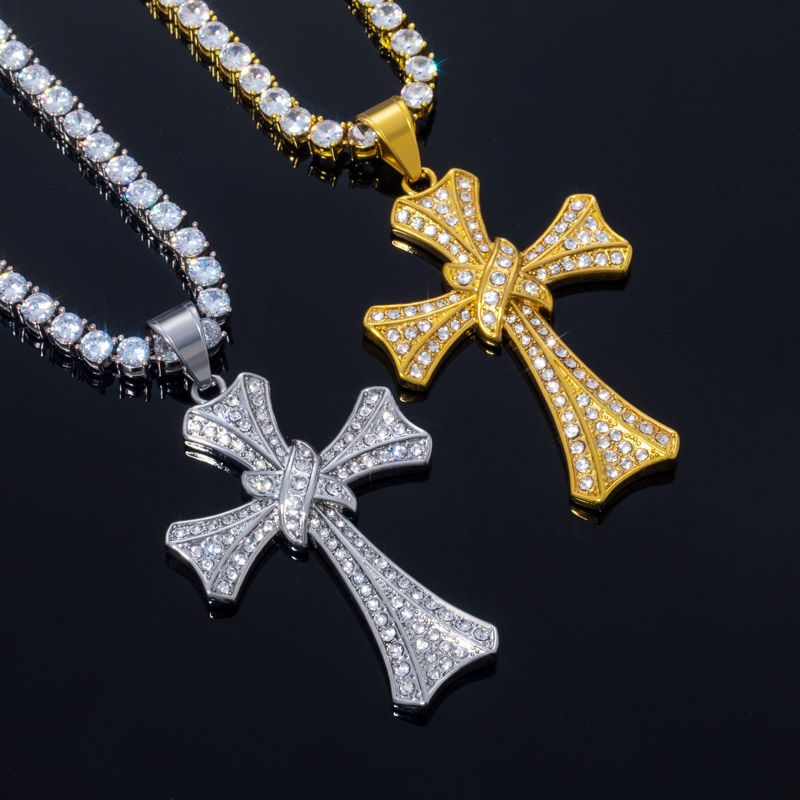 Double Cross Pendant with 5mm Tennis Chain Set in White Gold