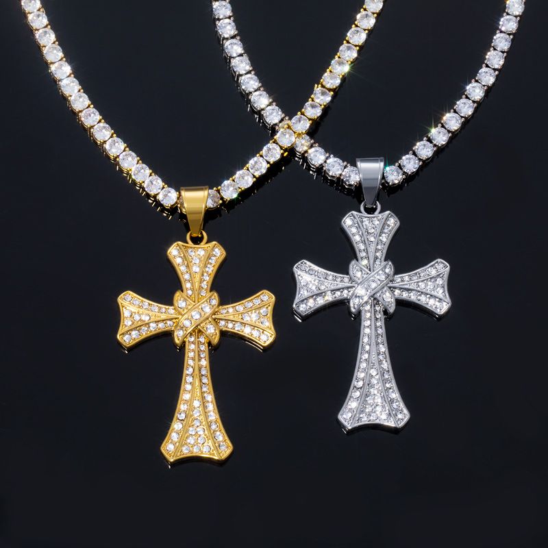 Double Cross Pendant with 5mm Tennis Chain Set in White Gold