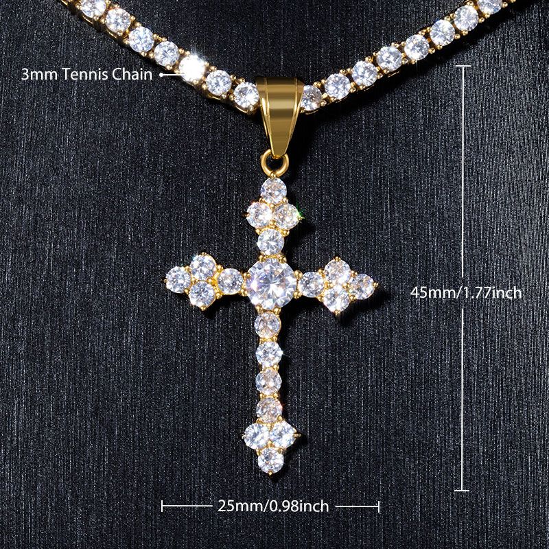Iced Round Cut Stones Cross Pendant with 3mm Tennis Chain Set in Gold