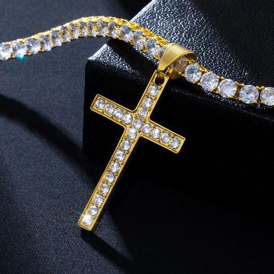 Iced Round Stones Cross Pendant with 3mm Tennis Chain Set in Gold