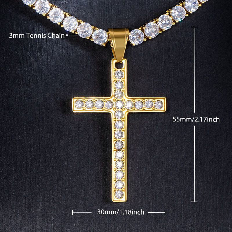Iced Round Stones Cross Pendant with 3mm Tennis Chain Set in Gold