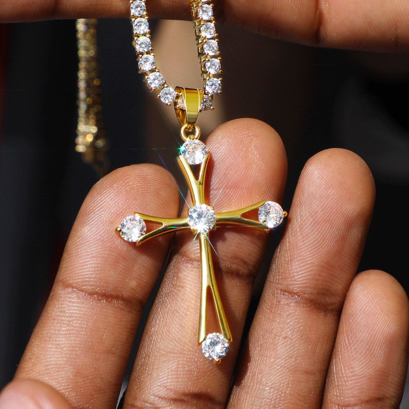 Iced Round Cut Cross Pendant with 3mm Tennis Chain Set in Gold