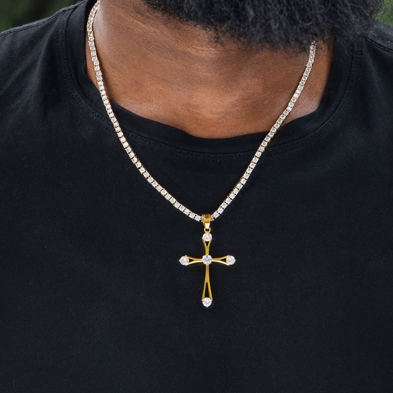 Iced Round Cut Cross Pendant with 3mm Tennis Chain Set in Gold