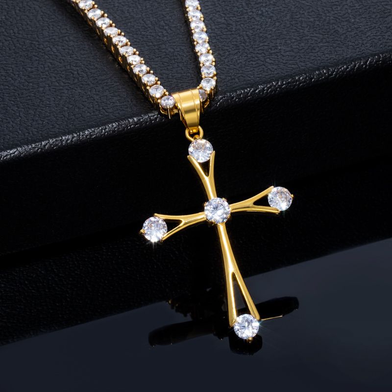 Iced Round Cut Cross Pendant with 3mm Tennis Chain Set in Gold