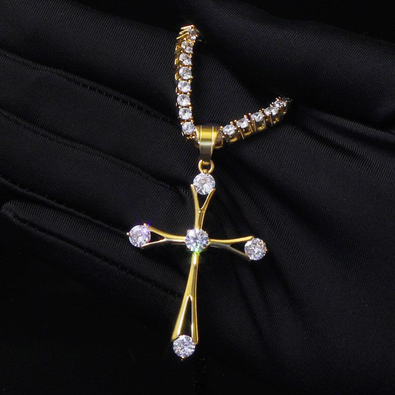 Iced Round Cut Cross Pendant with 3mm Tennis Chain Set in Gold