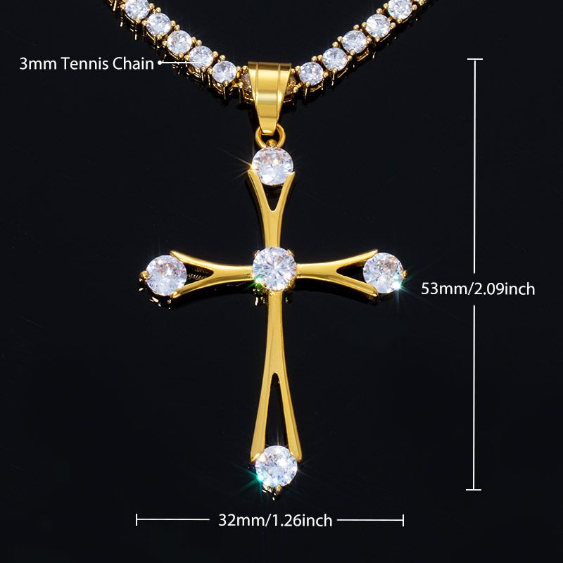 Iced Round Cut Cross Pendant with 3mm Tennis Chain Set in Gold