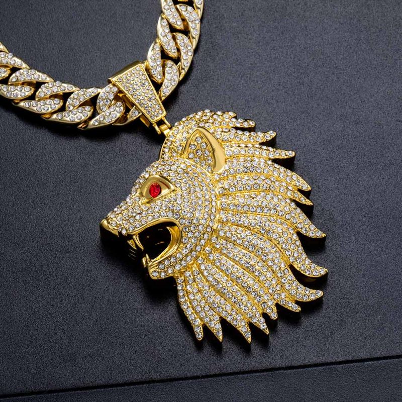 Iced Large Roaring Lion Head Pendant with Iced Cuban Chain in Gold