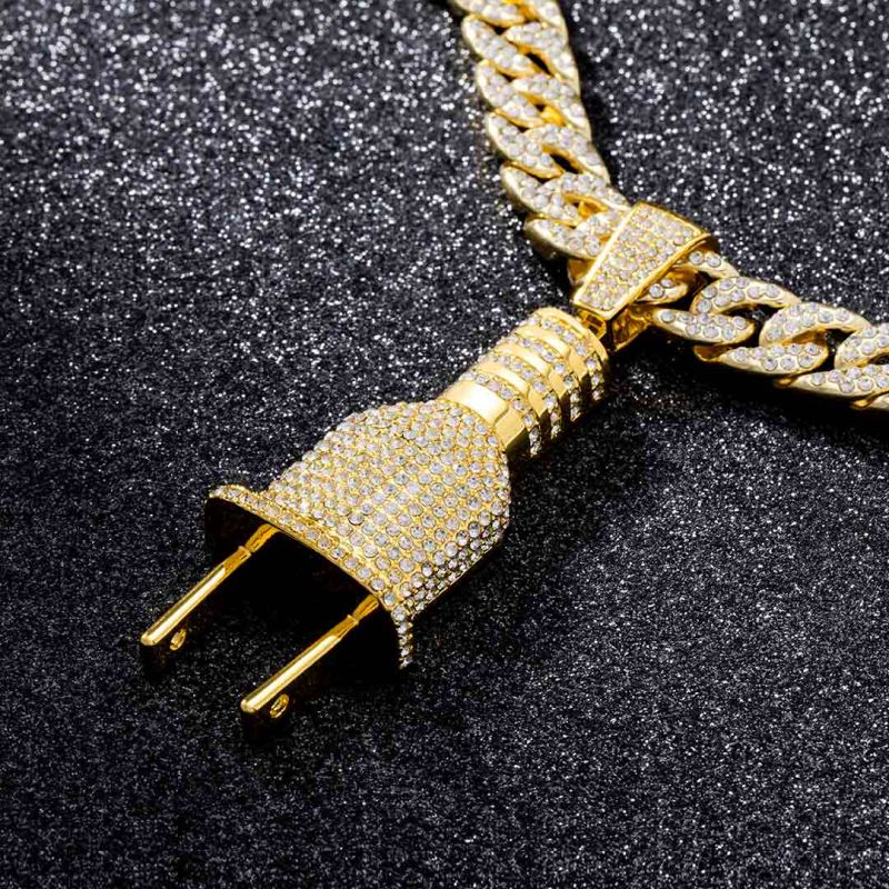 Iced Plug Pendant with Iced Cuban Chain Set in Gold