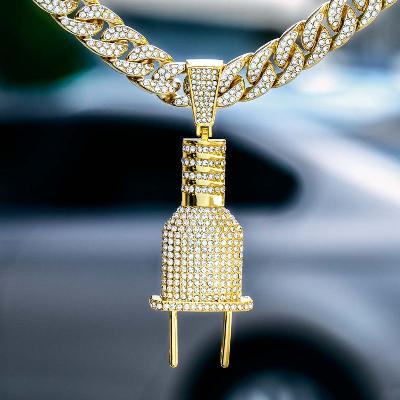 Iced Plug Pendant with Iced Cuban Chain Set in Gold