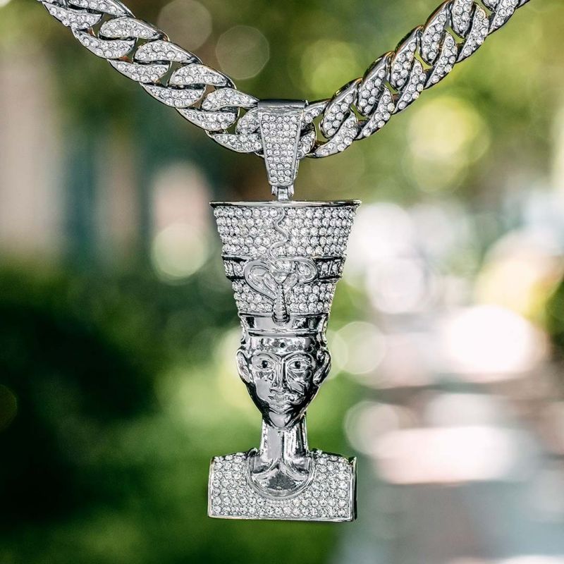 Iced Nefertiti Pharaoh Pendant with Iced Cuban Chain Set in White Gold
