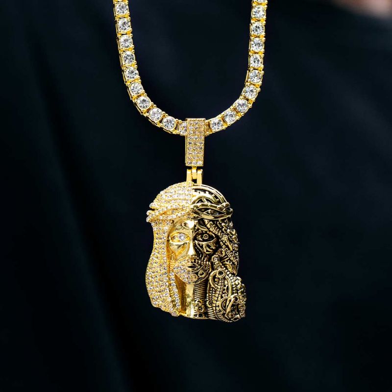 Iced Jesus Half Mechanical Face Pendant with Tennis Chain Set in Gold