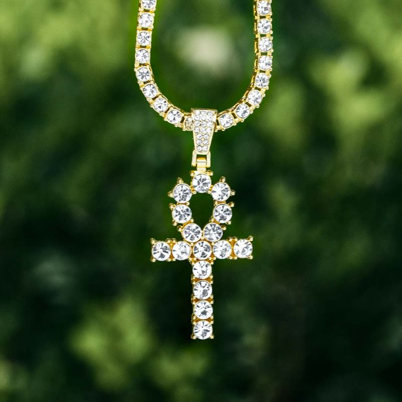 Brilliant Cut Ankh Pendant with Tennis Chain Set in Gold