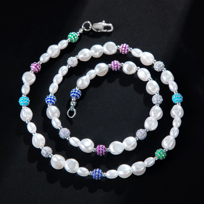 Irregular Pearls & Iced Multi-colour Ball Chain & Bracelet Set