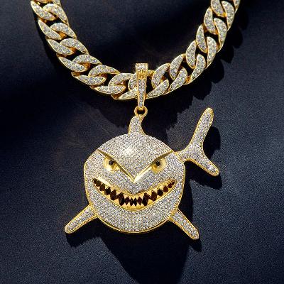 Micro Pave Shark Head Pendant with 13mm Cuban Chain Set in Gold