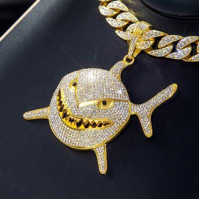 Micro Pave Shark Head Pendant with 13mm Cuban Chain Set in Gold