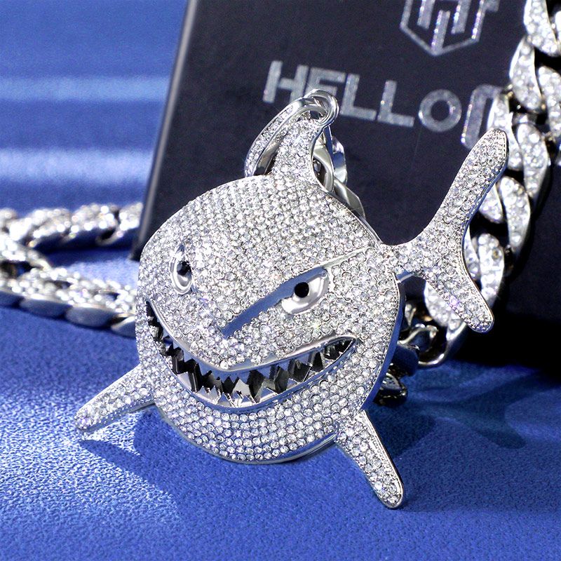 Micro Pave Shark Head Pendant with 13mm Cuban Chain Set in White Gold