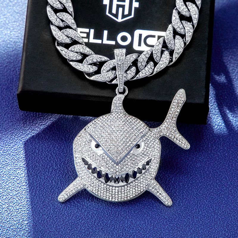 Micro Pave Shark Head Pendant with 13mm Cuban Chain Set in White Gold