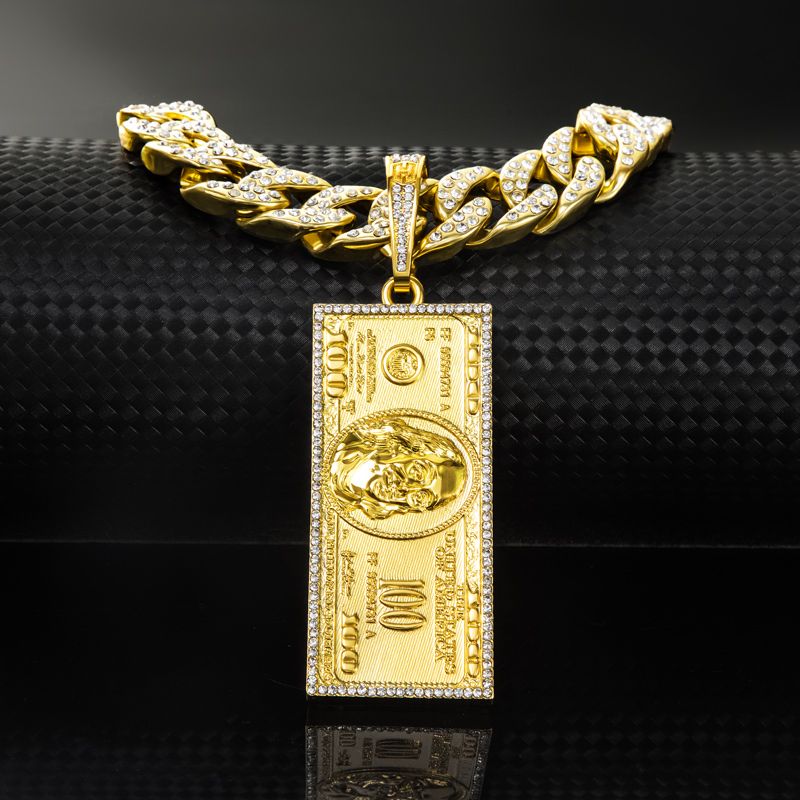 Iced Hundred Dollar Pendant with 13mm Cuban Chain Set in Gold