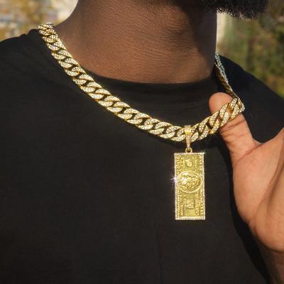 Iced Hundred Dollar Pendant with 13mm Cuban Chain Set in Gold