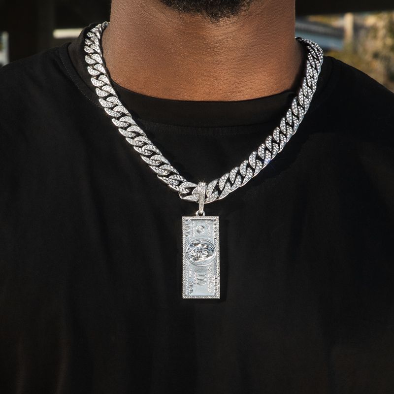 Iced Hundred Dollar Pendant with 13mm Cuban Chain Set in White Gold