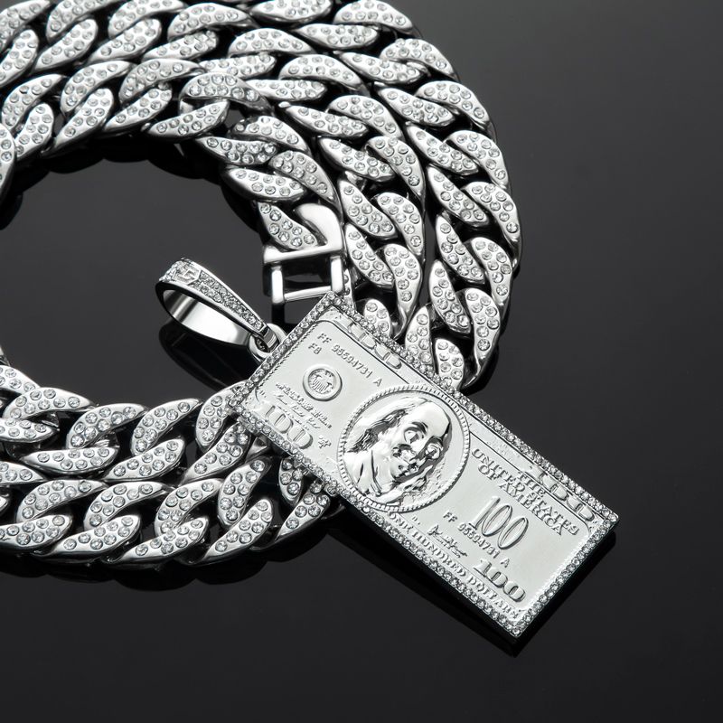 Iced Hundred Dollar Pendant with 13mm Cuban Chain Set in White Gold