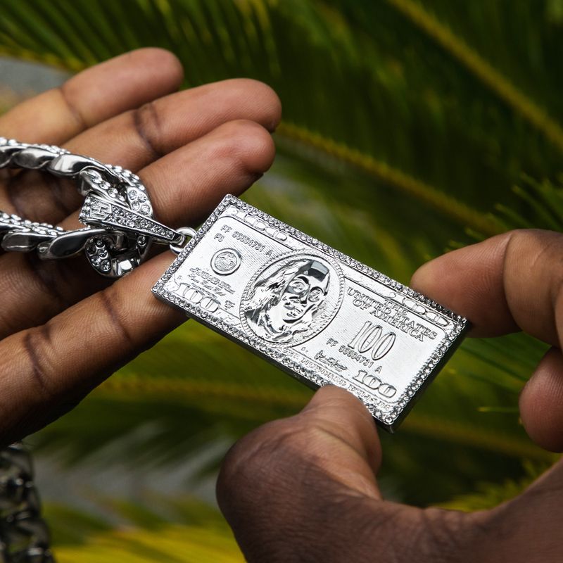 Iced Hundred Dollar Pendant with 13mm Cuban Chain Set in White Gold