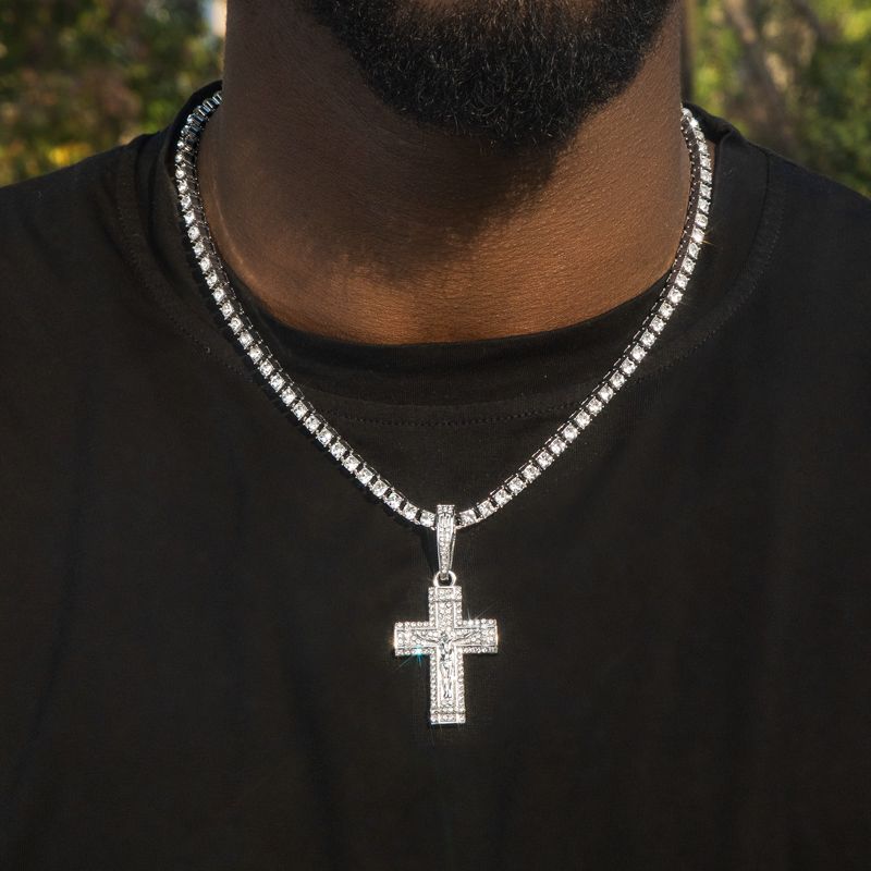 Iced Crucifix Cross Pendant with Tennis Chain Set in White Gold