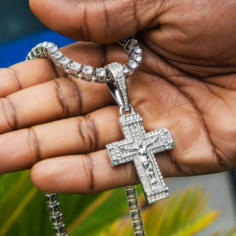 Iced Crucifix Cross Pendant with Tennis Chain Set in White Gold