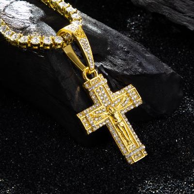 Iced Crucifix Cross Pendant with Tennis Chain Set in Gold