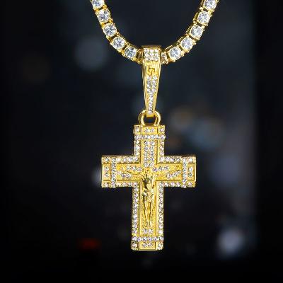 Iced Crucifix Cross Pendant with Tennis Chain Set in Gold