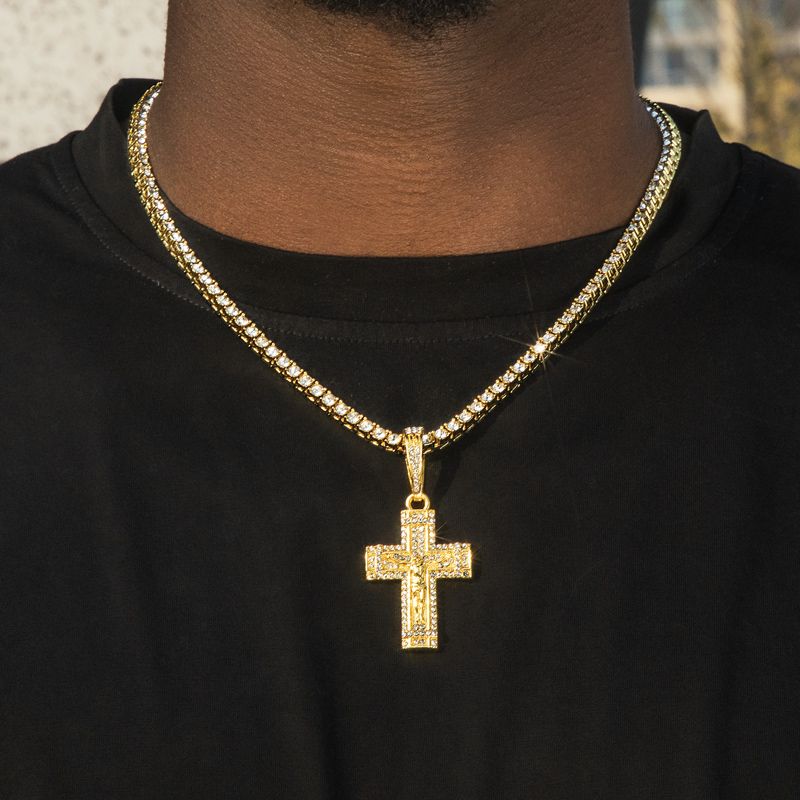 Iced Crucifix Cross Pendant with Tennis Chain Set in Gold