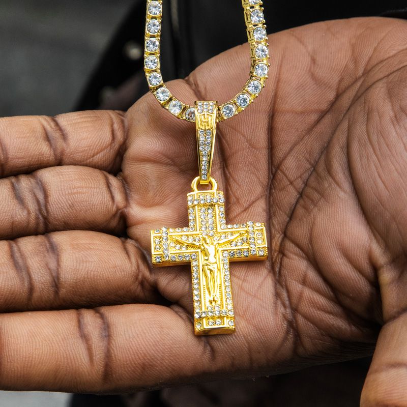 Iced Crucifix Cross Pendant with Tennis Chain Set in Gold