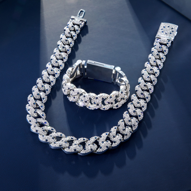 20mm Sapphire Spot Cuban Link Chain & Bracelet Set in White Gold