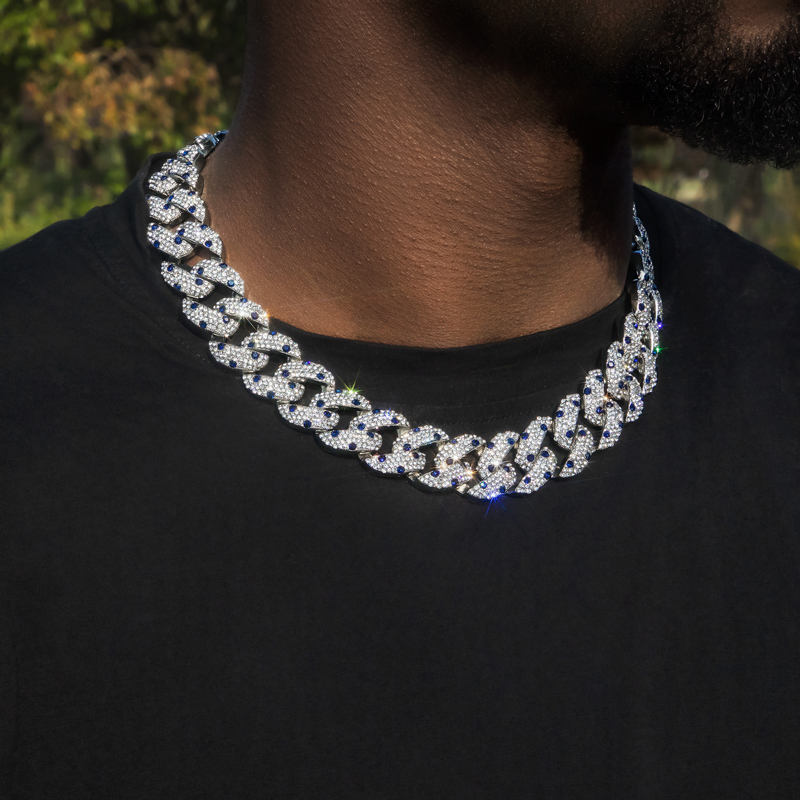 20mm Sapphire Spot Cuban Link Chain & Bracelet Set in White Gold