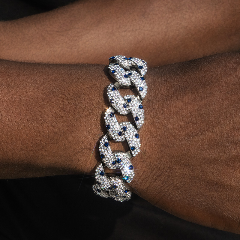 20mm Sapphire Spot Cuban Link Chain & Bracelet Set in White Gold