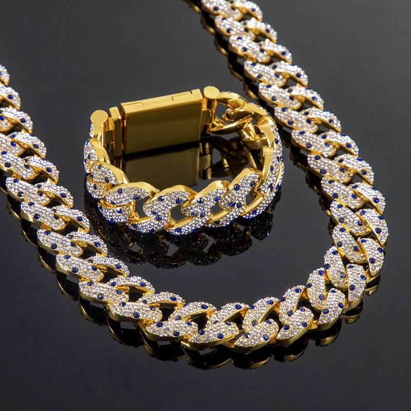 20mm Sapphire Spot Cuban Link Chain & Bracelet Set in Gold