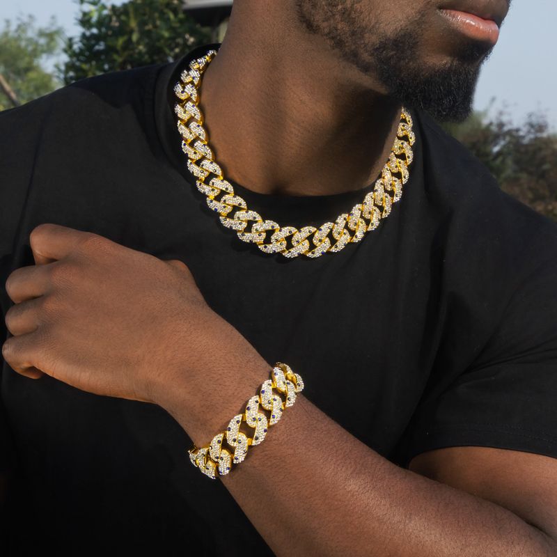 20mm Sapphire Spot Cuban Link Chain & Bracelet Set in Gold