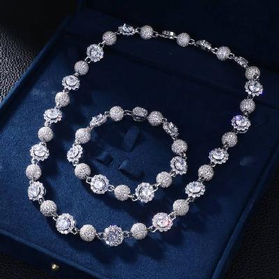 12mm Full Paved Ball and Halo Mix Link Chain & Bracelet Set in White Gold