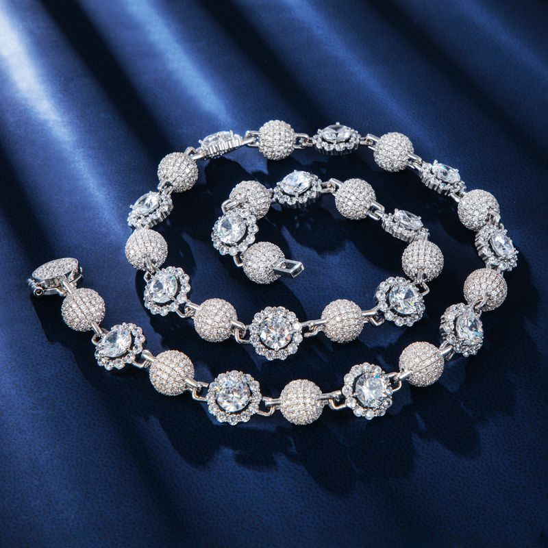 12mm Full Paved Ball and Halo Mix Link Chain & Bracelet Set in White Gold