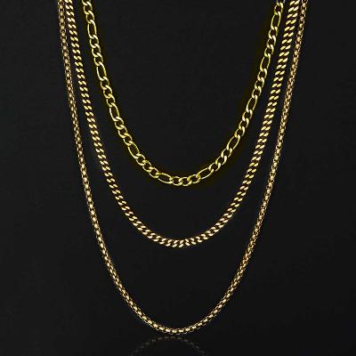 5mm Stainless Steel Cuban Chain + 5mm Figaro Chain + 2.5mm Franco Chain Set in Gold