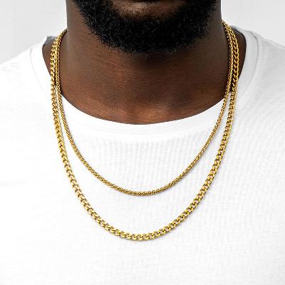 5mm Cuban + 3mm Franco Solid 925 Sterling Silver Chain Set in Gold