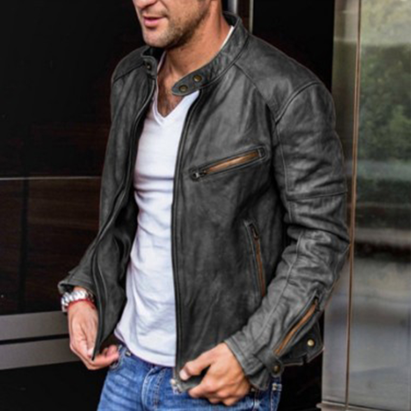 Solid Collar Zip-Up Leather Jacket