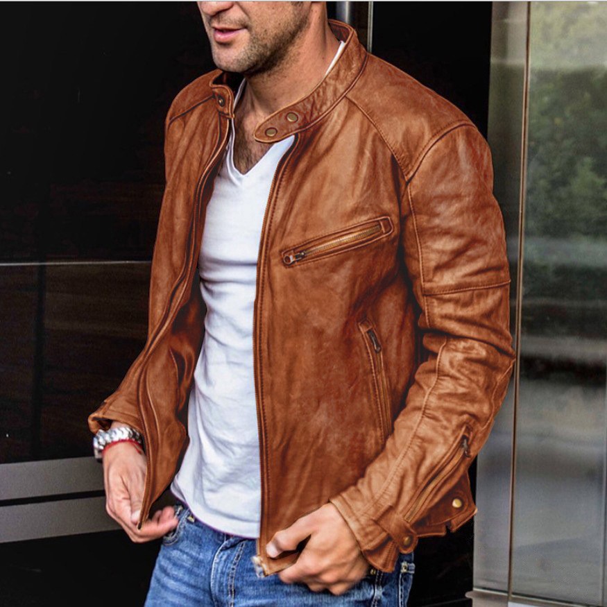 Solid Collar Zip-Up Leather Jacket